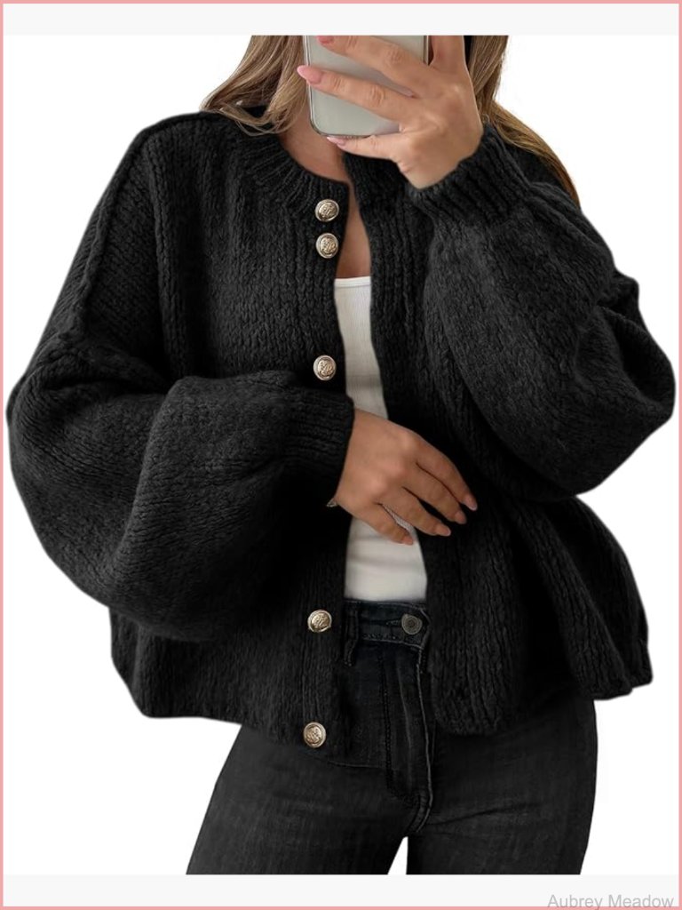 Oversized Chunky Knit Button Down Cardigan Sweater With Long Lantern Sleeves